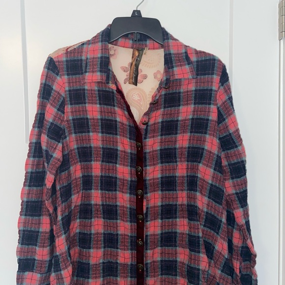 Aratta Silent Journey Womens Top Sz Medium Plaid Mixed Media Velvet Burnout - Picture 2 of 14
